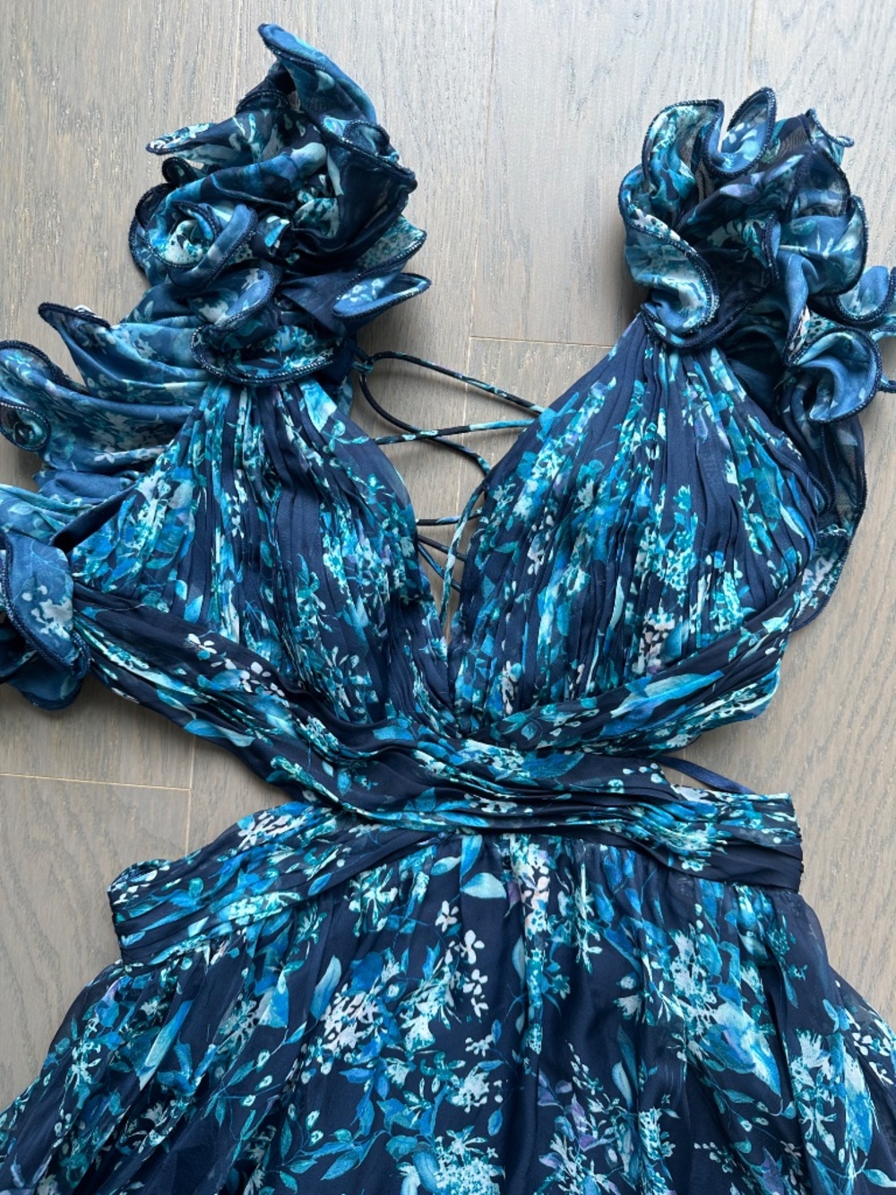 Ieena for Mac Duggal Ruffle Tiered Cut Out Gown Floral Blue Dress Chiffon - 6 - Picture 5 of 8